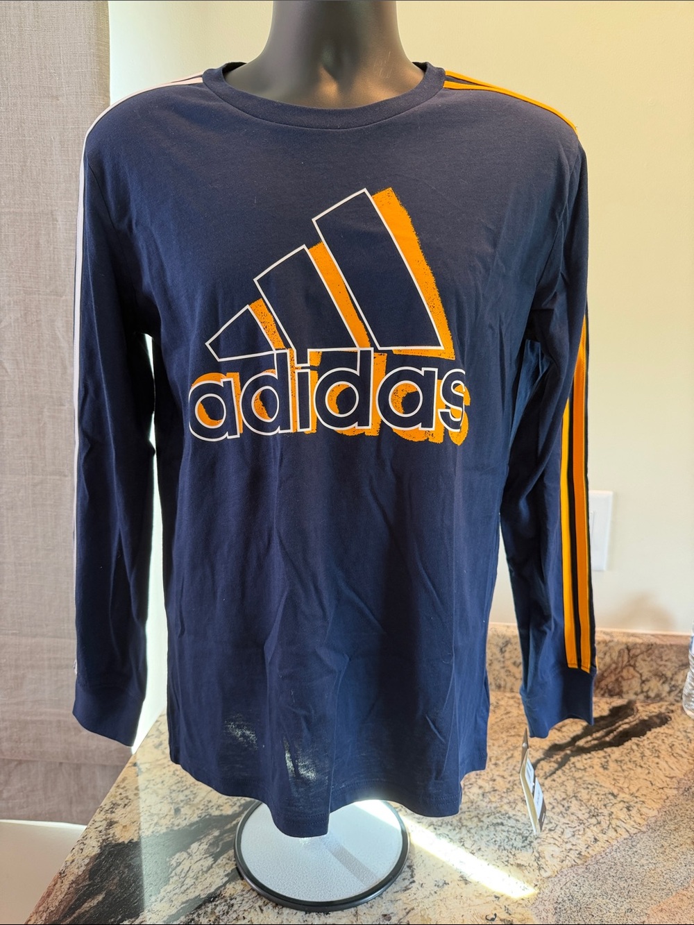 adidas Navy Long Sleeve Tee with Orange Logo and Sleeve Stripes